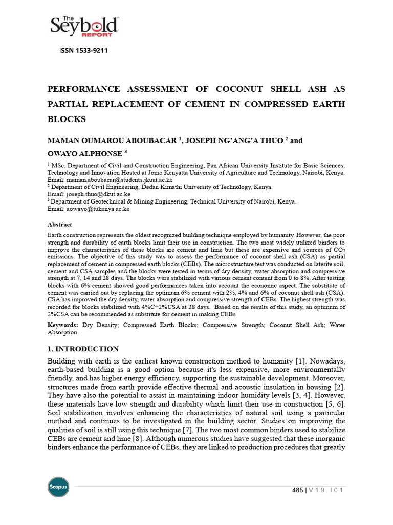 Performance assessment of coconut shell ash as partial replacement of