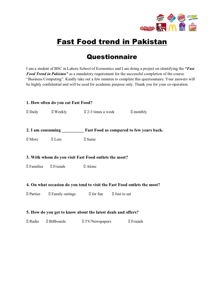 Questionnaire Fast Food Ammended | PDF