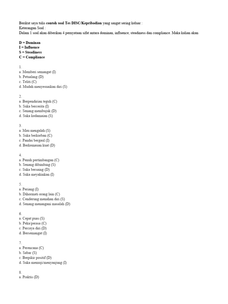 Contoh Soal Tes Kepribadian DISC | PDF | Karier & Perkembangan