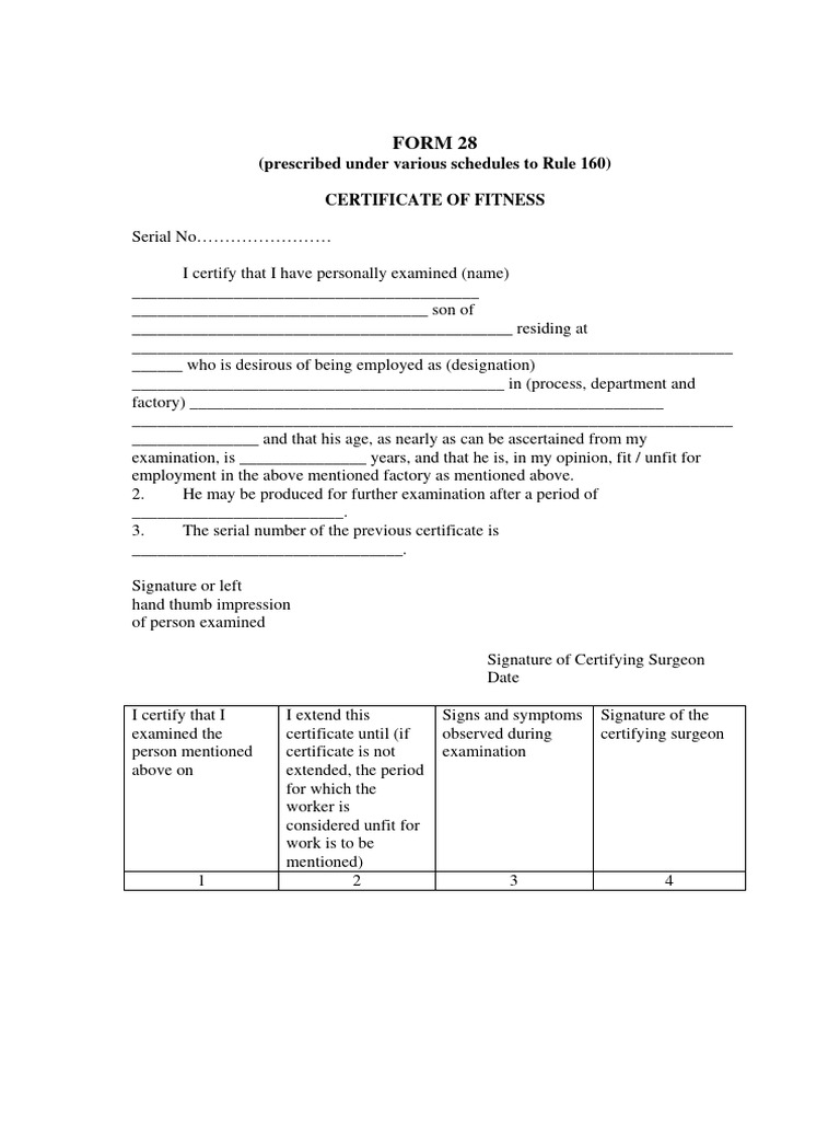 Form 28: Certificate of Fitness | PDF