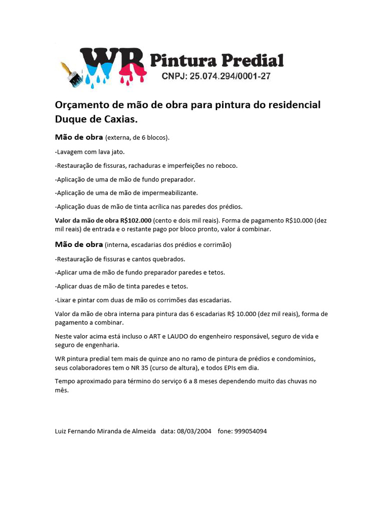 Orçamento de Pintura Residencial | PDF | Casa e Jardim