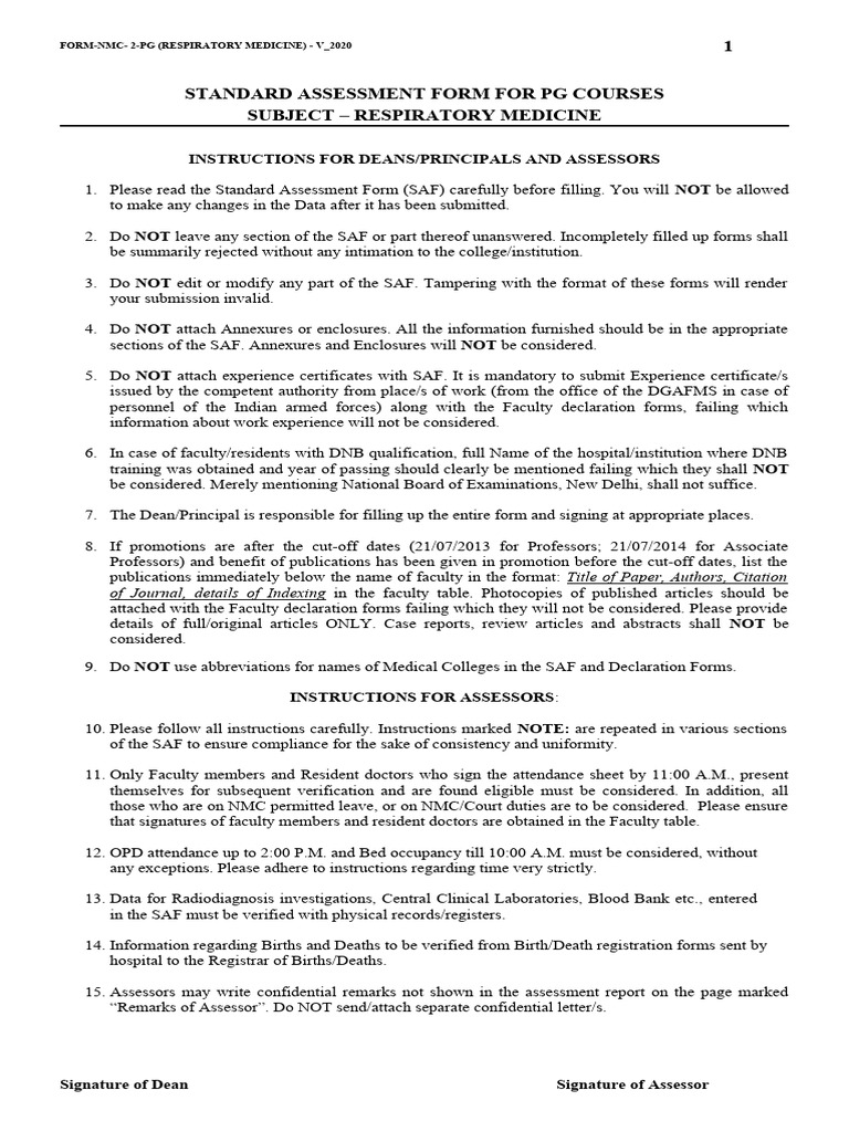 Standard Assessment Form for PG Respiratory Medicine | PDF | Emergency ...