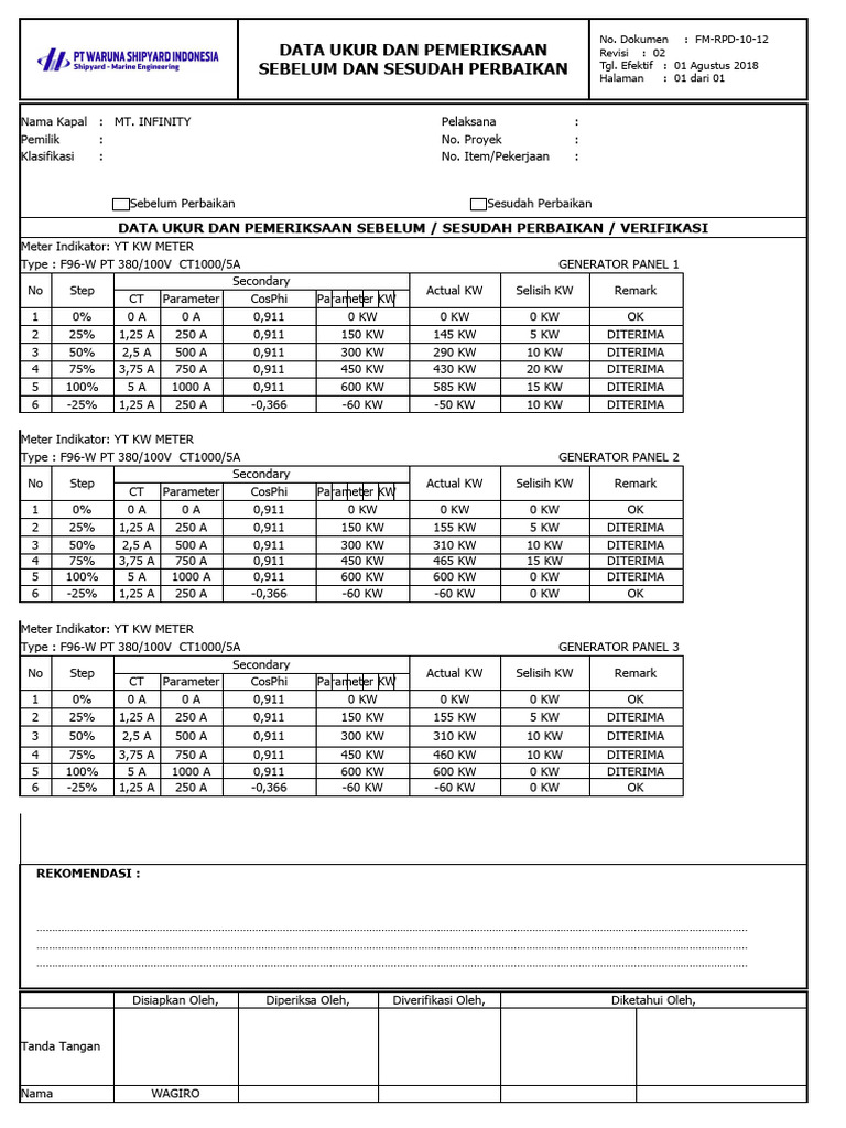 Data Perbaikan MT. INFINITY | PDF