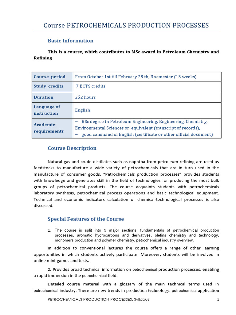 SYLLABUS Petrochemicals Production Processes N | PDF | Oil Refinery ...