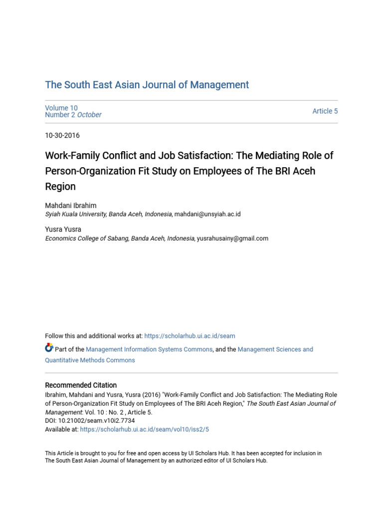 Work-Family Conflict and Job Satisfaction - The Mediating Role of | PDF ...