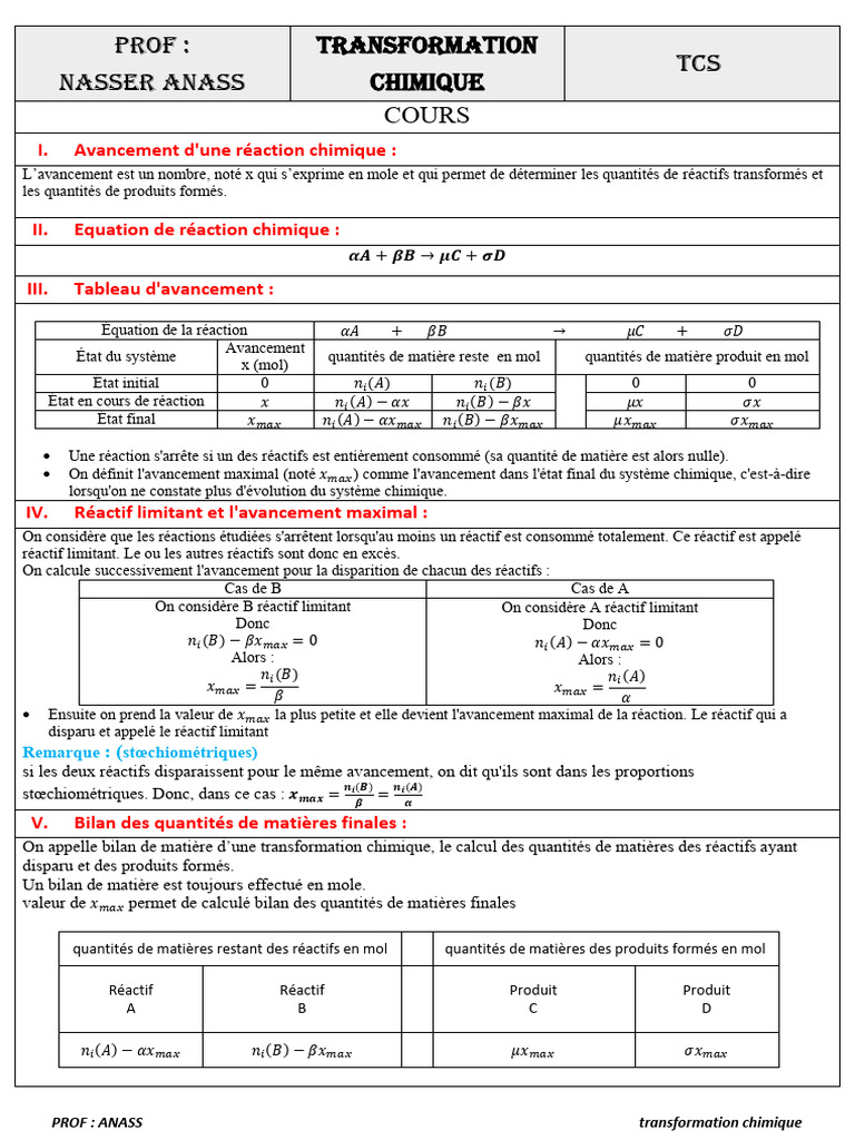 Transformation Chimique | PDF | Stœchiométrie | Chimie