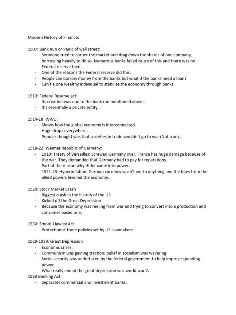 Financial Eng Notes History Of American Banking System Pdf Great