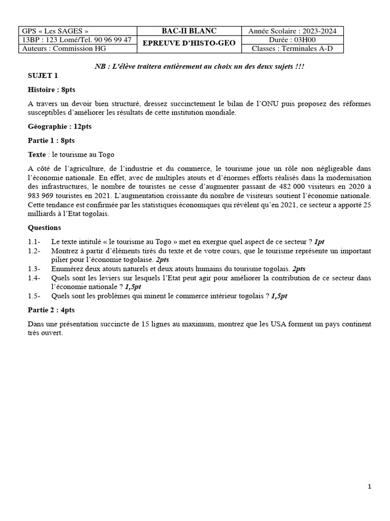 Épreuve d'Histoire-Géographie BAC II 2024 | PDF | Tourisme | Les États-Unis