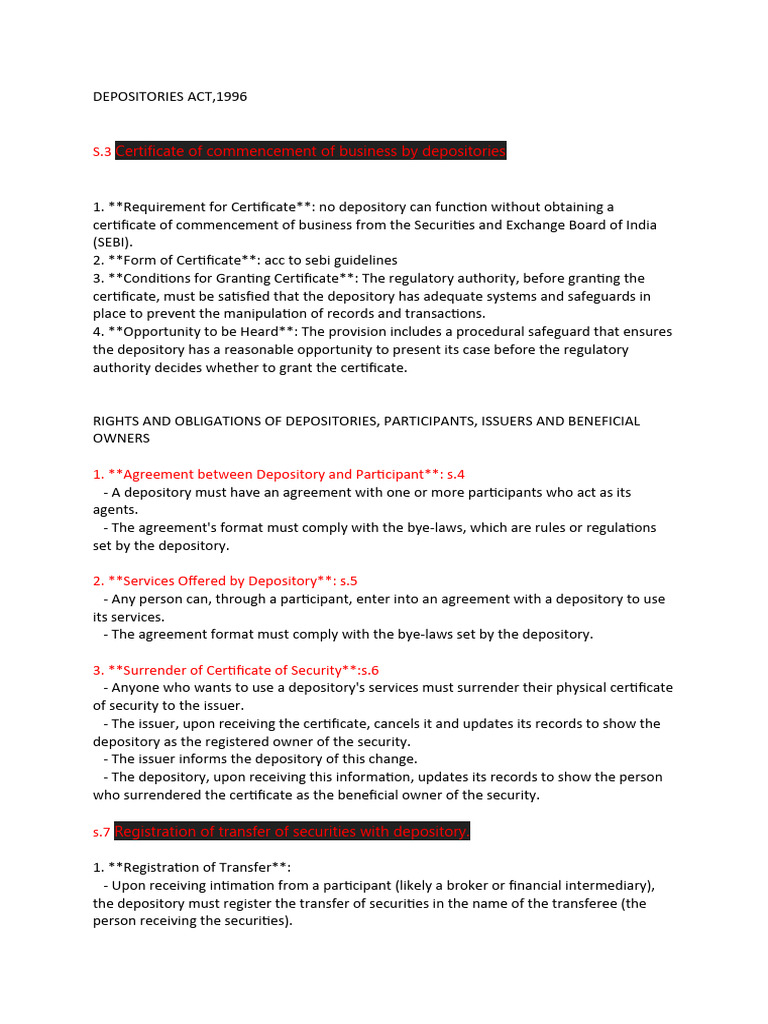 Depositories Act 1996 Overview and Guidelines | PDF | Securities ...