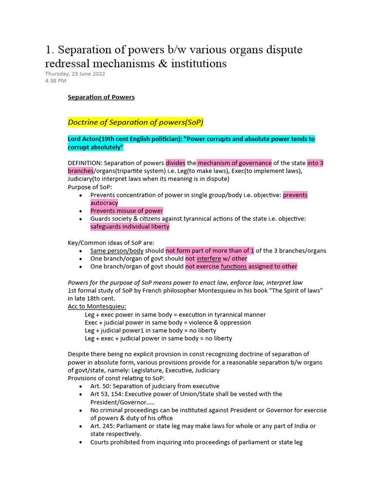Separation of Powers and Dispute Redressal | PDF | Politics | Law