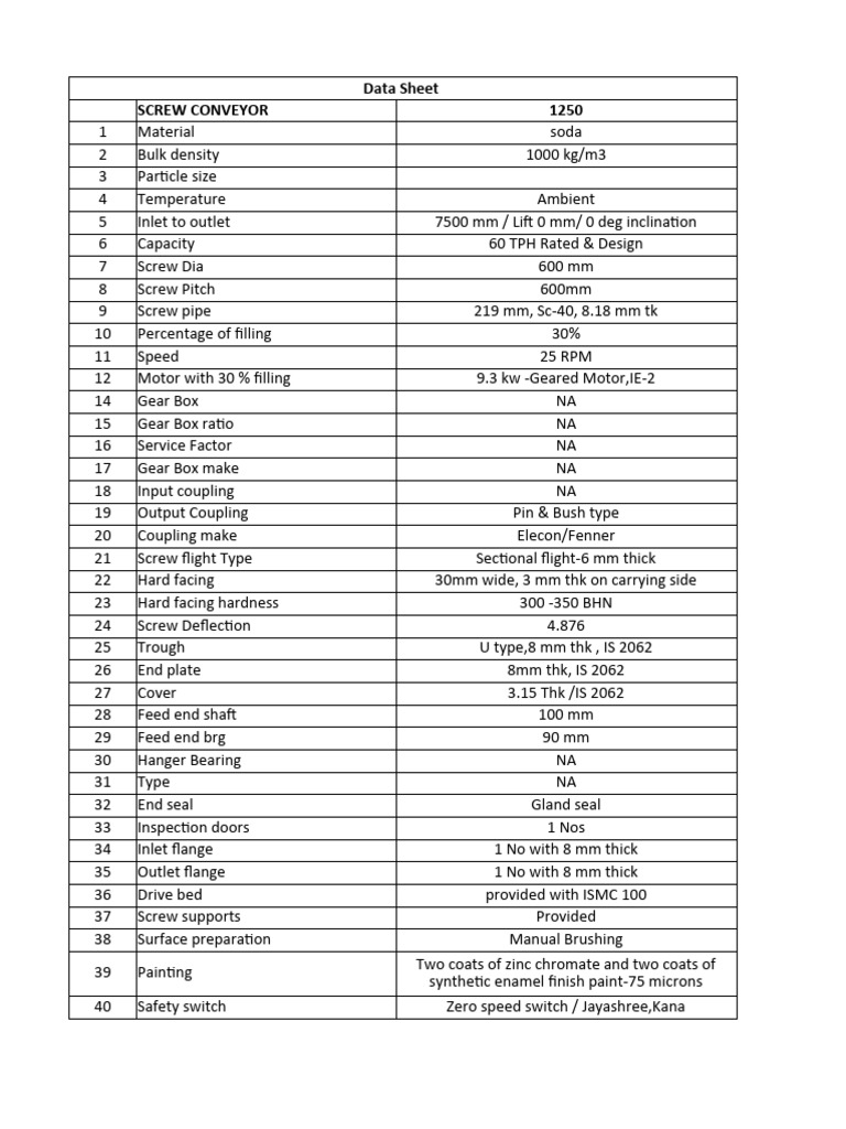 Screw Conveyor Data Sheet | PDF | Manufactured Goods | Mechanical ...