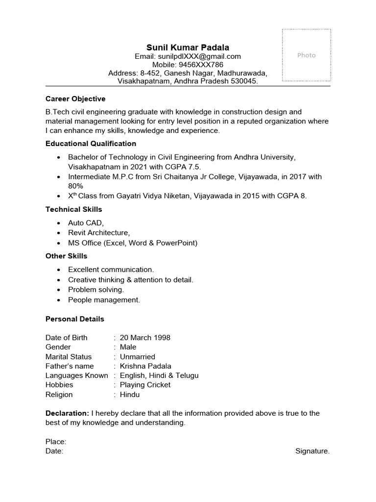 Civil Engineer Fresher Resume Format 1 Pdf