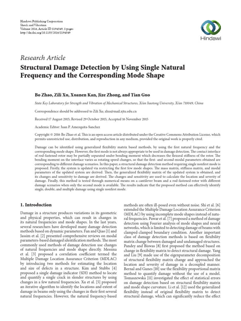 Research Article: Structural Damage Detection by Using Single Natural ...