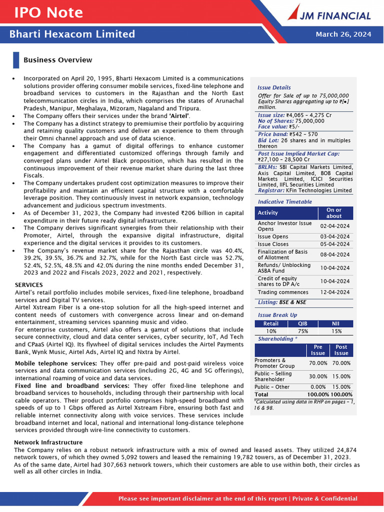 Bharti Hexacom IPO Details 2024 | PDF | Debt | Stocks