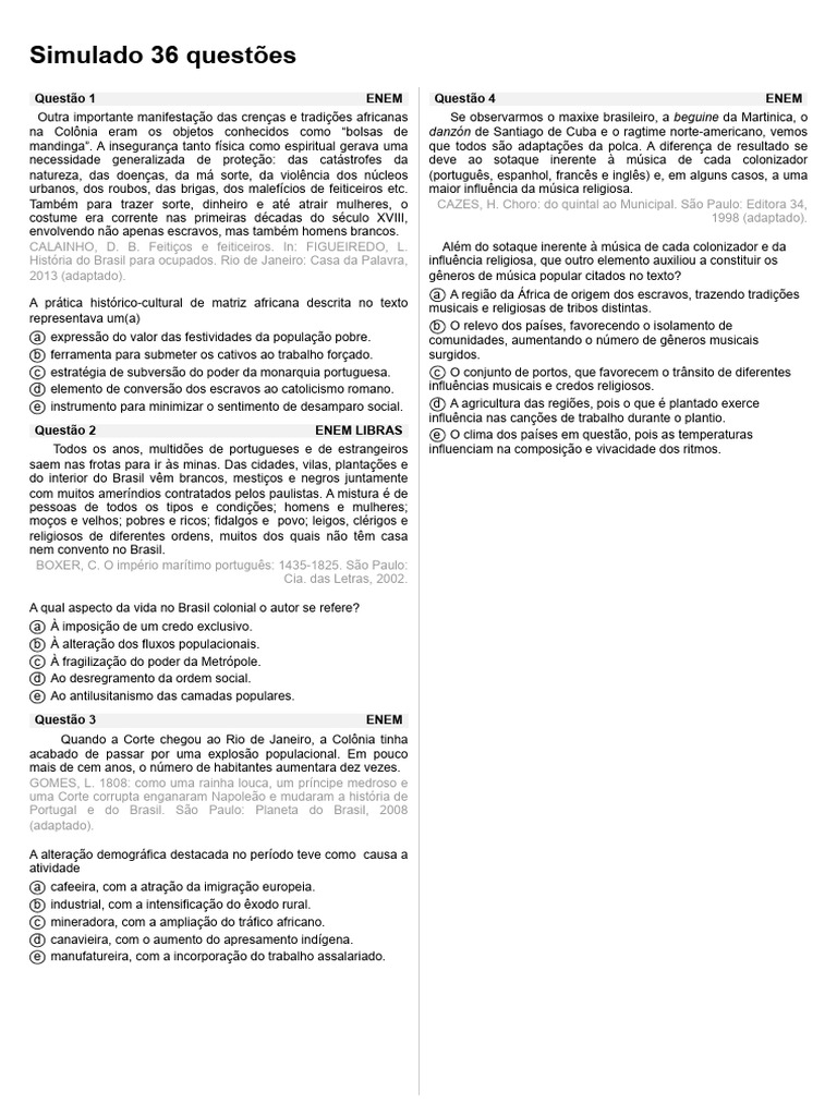 Questões sobre o Brasil Colonial ENEM | PDF | Brasil | Escravidão