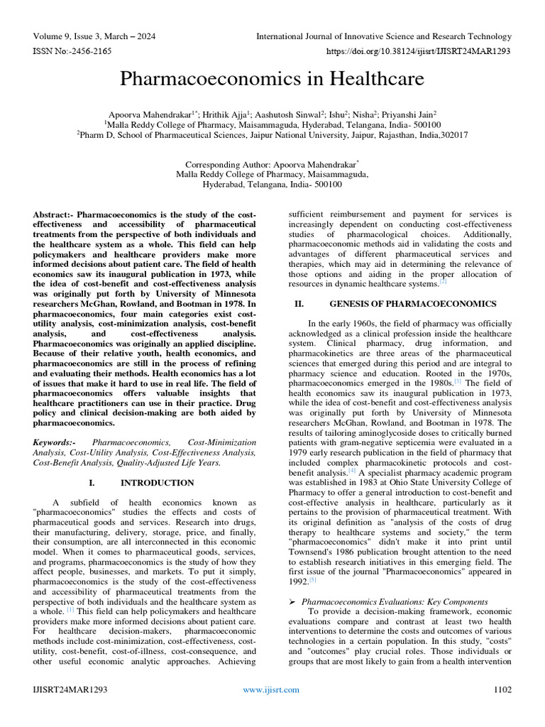 Pharmacoeconomics in Healthcare Insights | PDF | Pharmacy | Cost ...