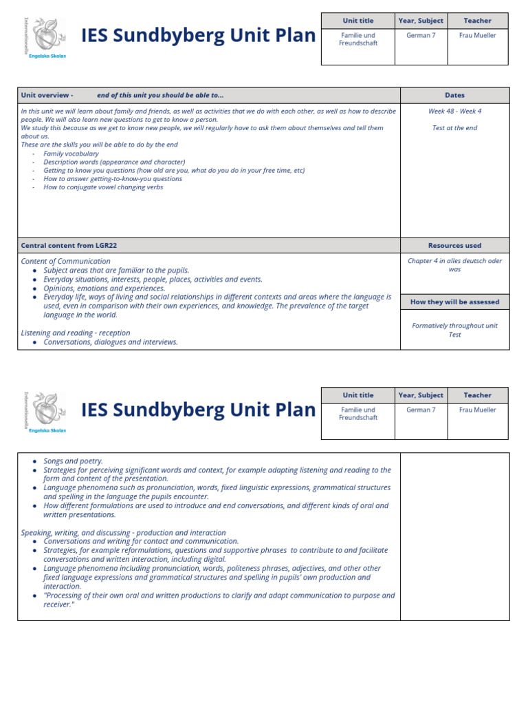 German 7 Unit: Familie und Freundschaft | PDF | Word | Communication