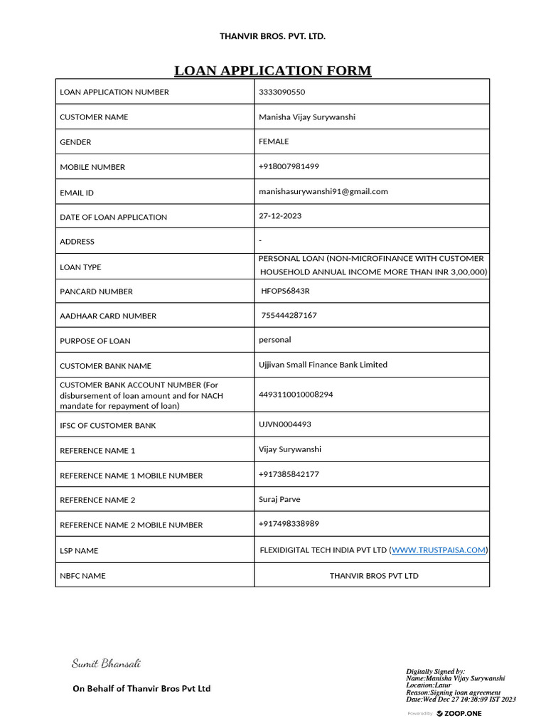 Thanvir Bros Loan Application Form | PDF | Loans | Interest