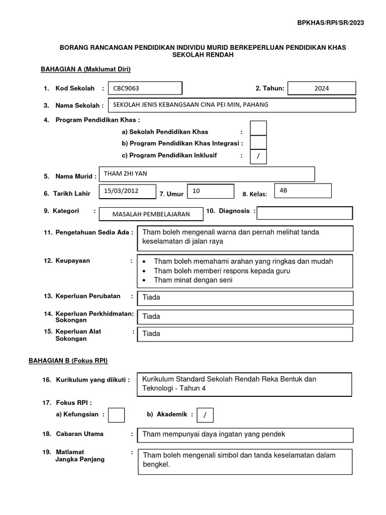 BORANG RPI Sekolah Rendah (Repaired) | PDF