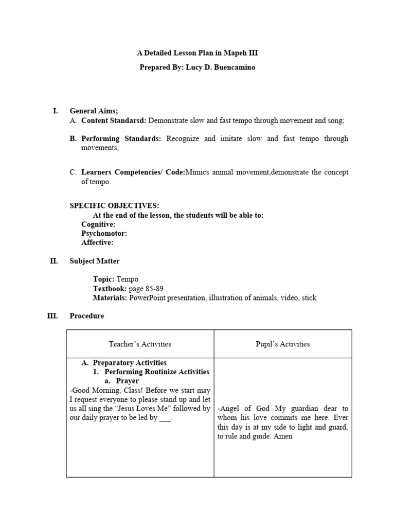 Tempo Lesson Plan Pdf Lesson Plan Learning