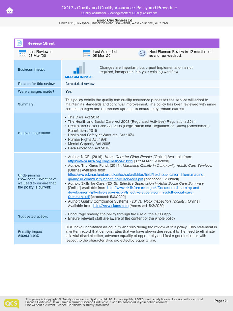 QQ13-Quality and Quality Assurance Policy and Procedure | PDF | Social ...