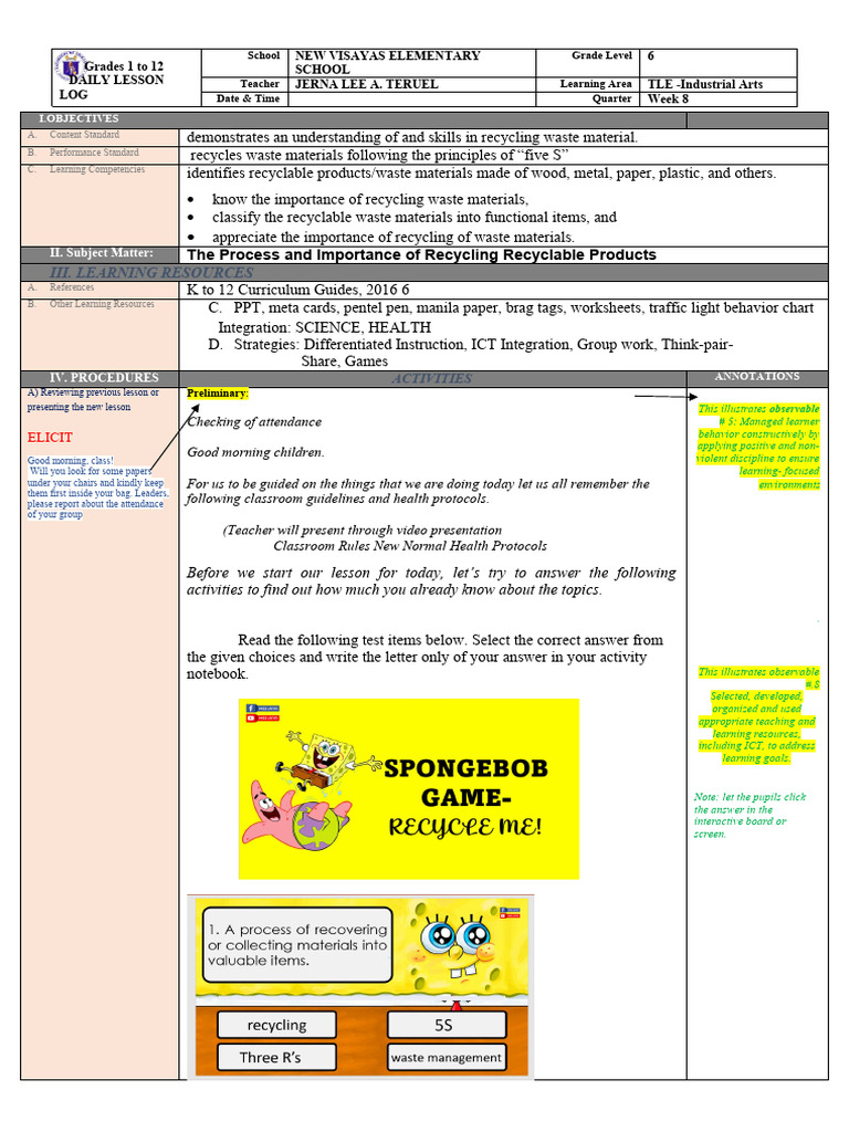 Cot Grade 6 Tle Ia Week 8 Recyclable Pdf Recycling Waste