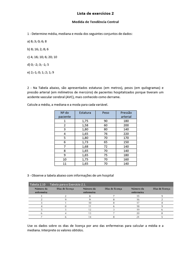 Lista de exercícios 2 – Medidas de Tendência Central | PDF | Média ...