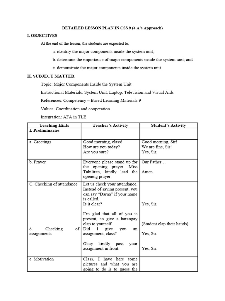 DETAILED LESSON PLAN IN CSS Gail | PDF | Computer Hardware | Computer ...