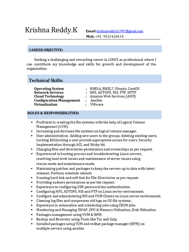 Linux Administrator Resume Overview | PDF | File System | File Transfer ...