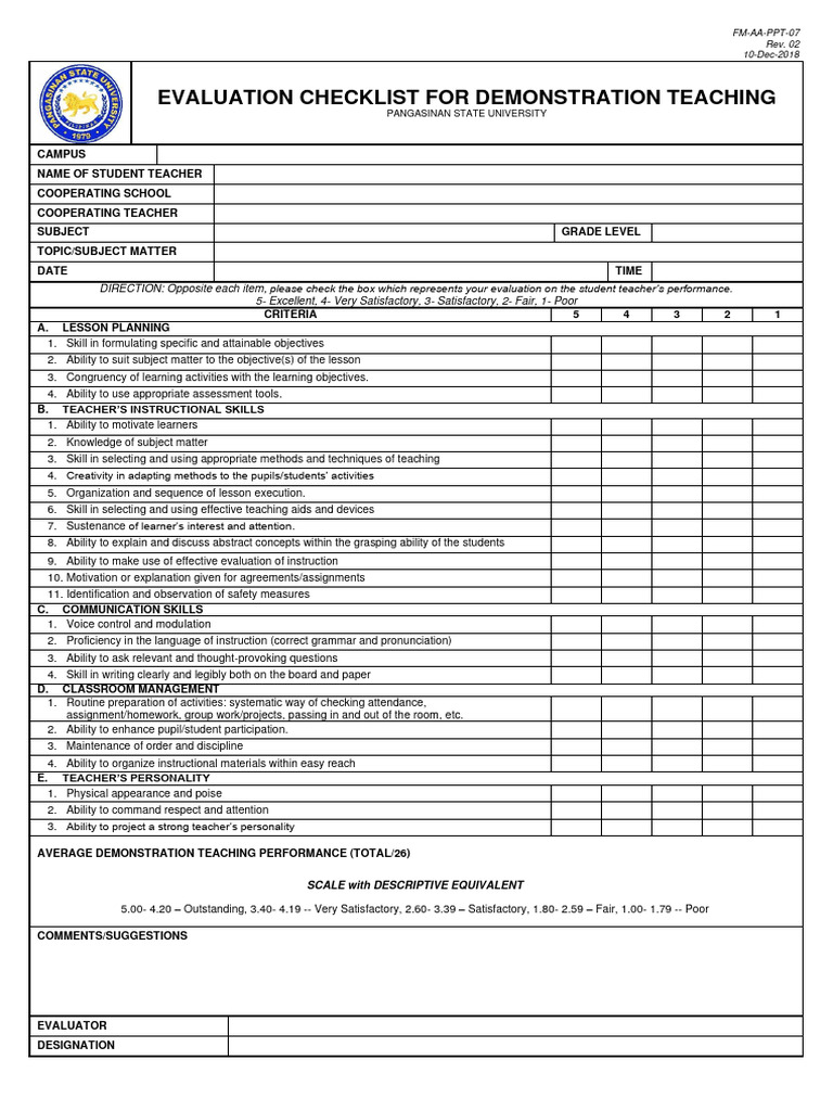 Teaching Demo Evaluation Checklist | PDF | Teachers | Learning
