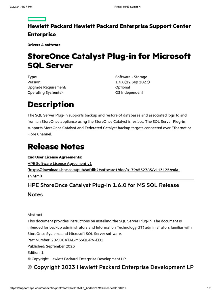 HPE StoreOnce Catalyst Plug-In 1.6.0 For MS SQL Release Notes | PDF ...