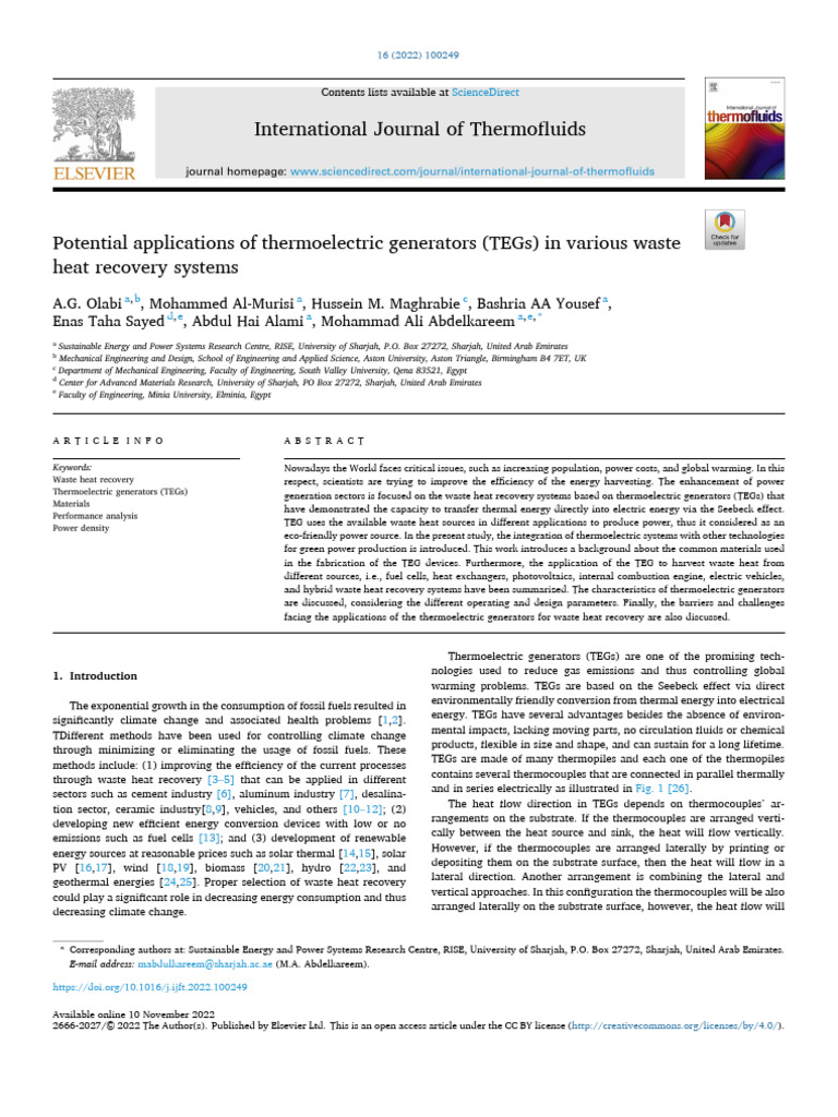 Potential Applications of Thermoelectric Generators (TEGs) in Various ...