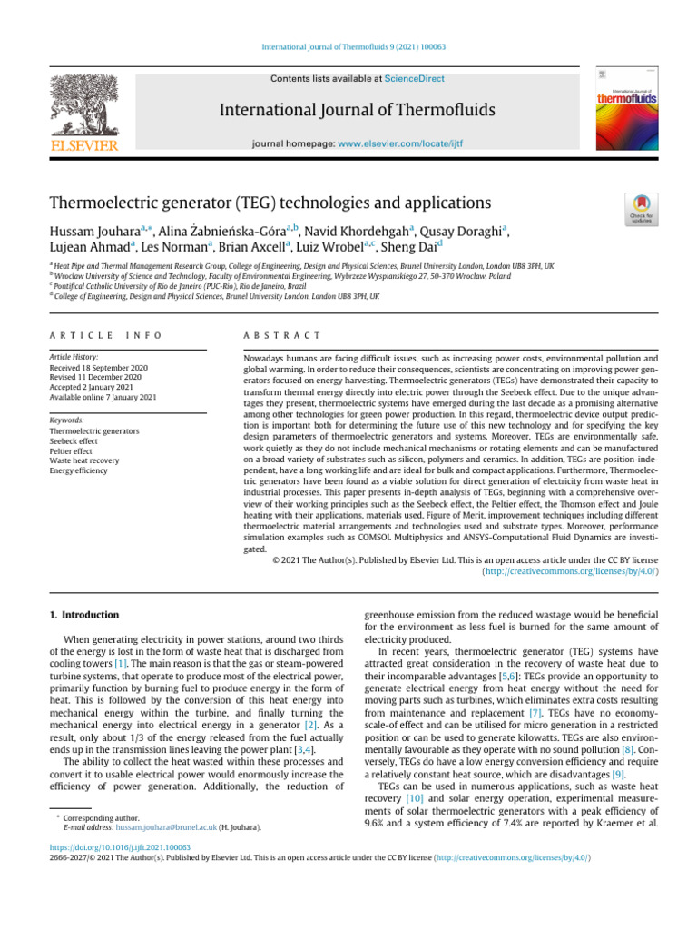 Thermoelectric Generators: A Green Power Solution | PDF | Electrical ...