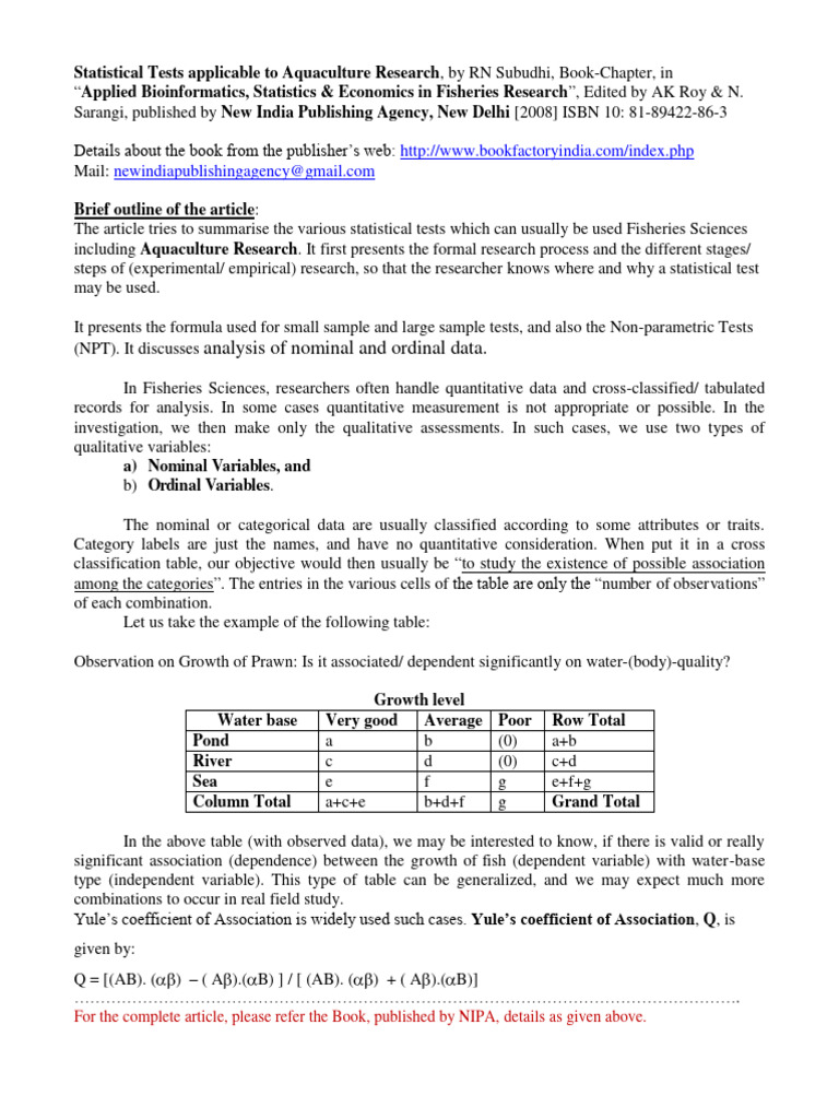 Statistical Tests Applied To Aquaculture | PDF | Statistics ...