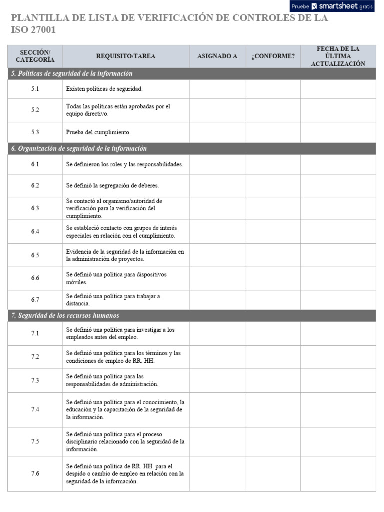 Checklist de Controles ISO 27001 | PDF | Seguridad de información ...