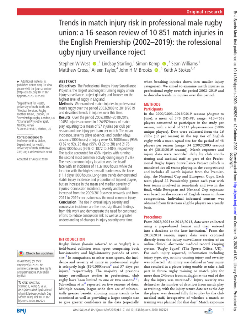 WEST 2020 - Trends in Match Injury Risk in Professional Male Rugby ...