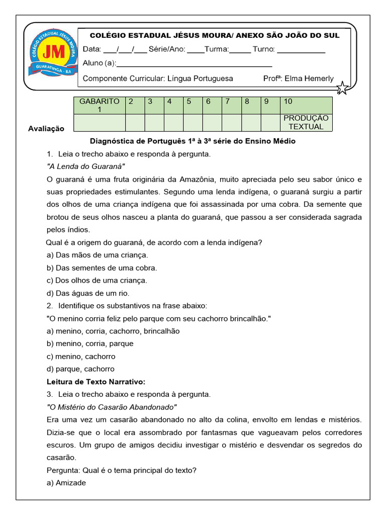 Prova de Português 8º Ano com Gabarito | PDF | Amor