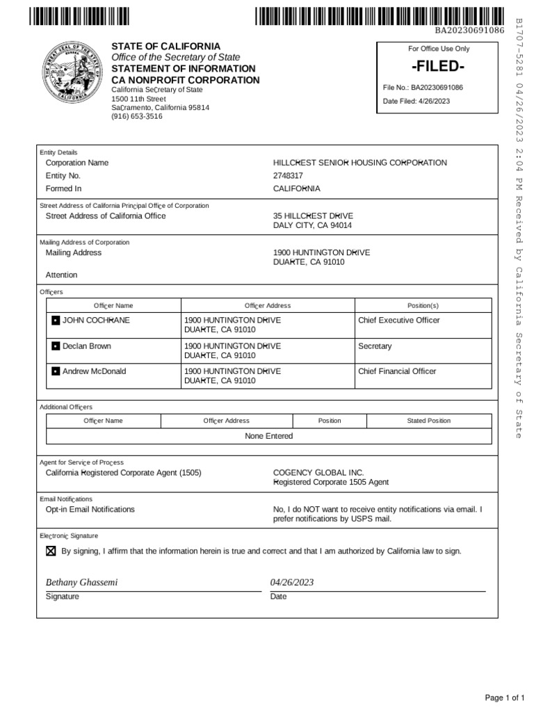 Filed state of california statement of information ca nonprofit