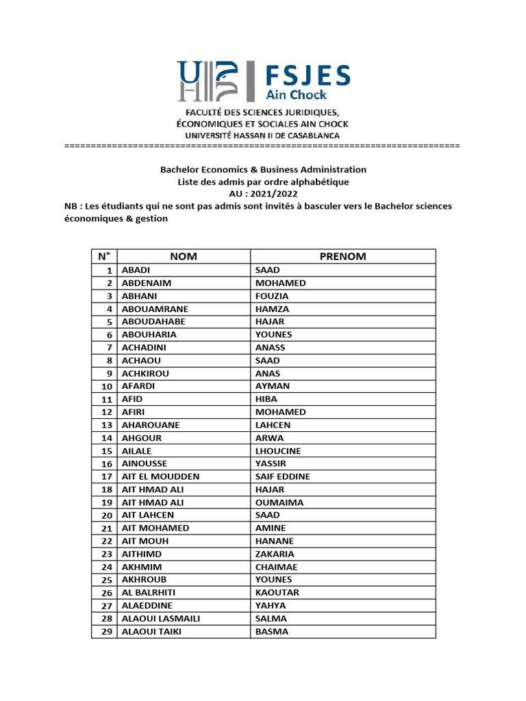 Liste des admis Bachelor 2021/2022 | PDF