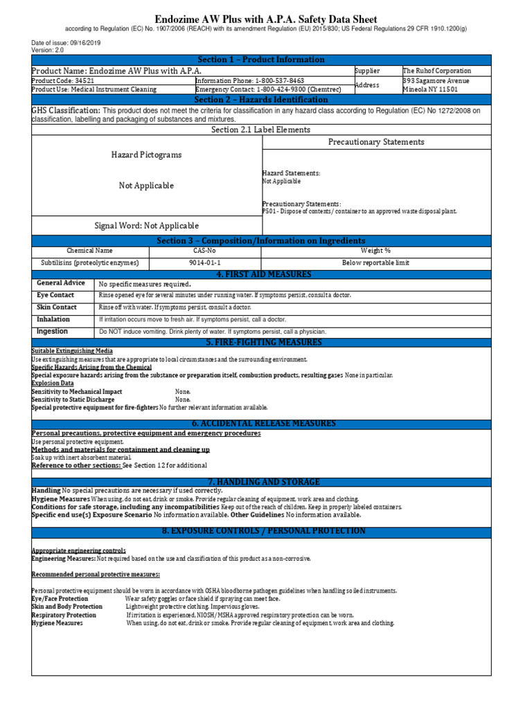 Endozime AW SDS PDF Occupational Safety And Health Safety