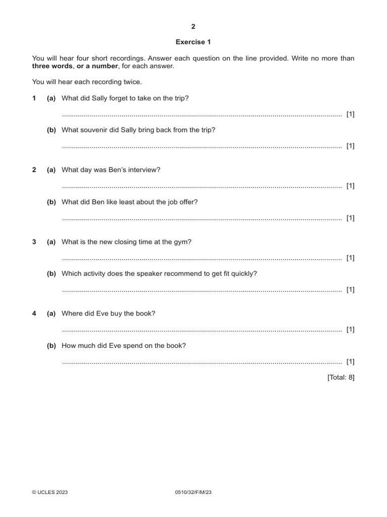 2 exercise 1 three words or a number for each answer 0510 32 f m 23