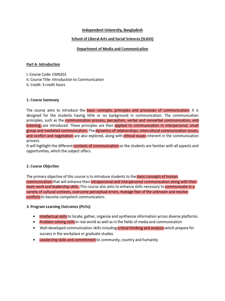 CMN 201 OBE Course Outline | PDF | Communication | Nonverbal Communication