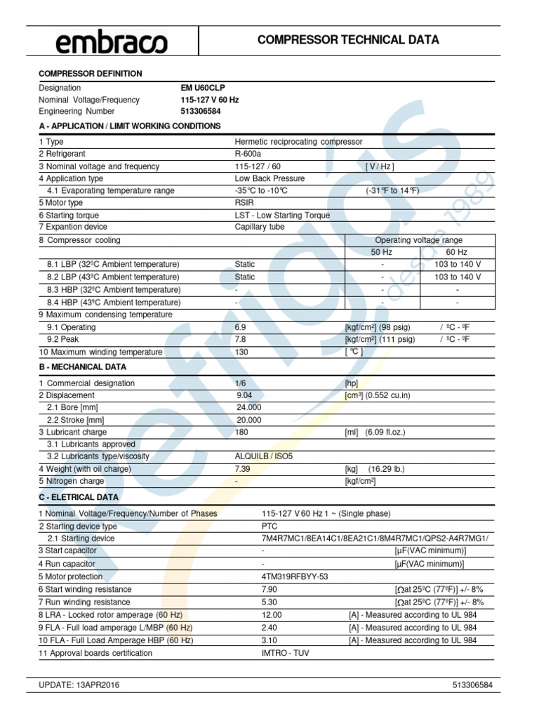 Embraco EM U60CLP Compressor Data | PDF | Alternating Current ...
