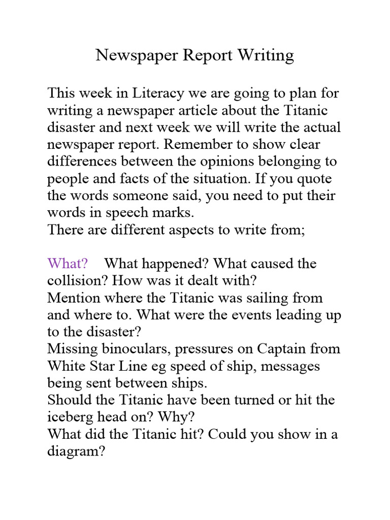 Titanic Disaster Report Writing Guide | PDF | Shipwrecks | Maritime ...