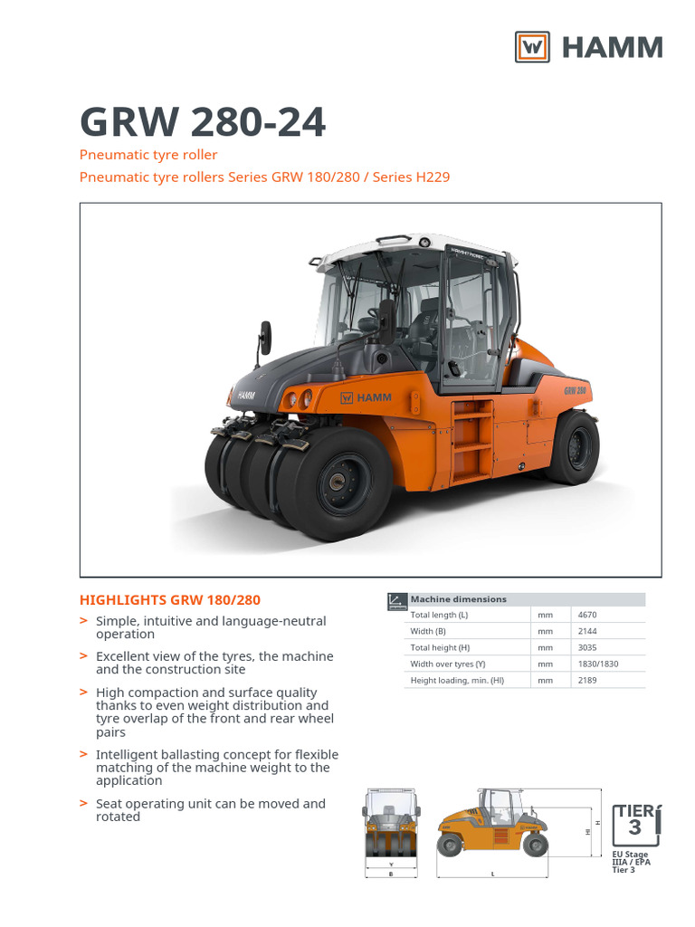 GRW 280-24 Pneumatic Tyre Roller Specs | PDF | Horsepower | Tire