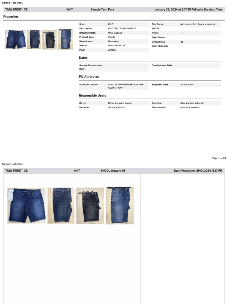 TATA Trent Men's Denim Shorts Tech Pack | PDF | Textiles | Clothing