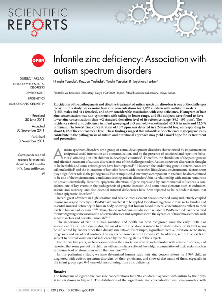 Infantile Zinc Deficiency Association With Autism Spectrum Disorders