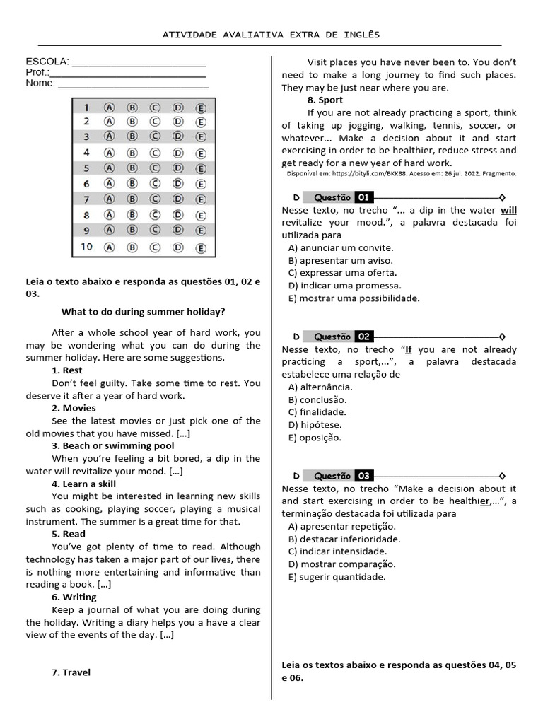 Atividade Avaliativa Extra Ingles 3 Ano | PDF | Earth | Solar System