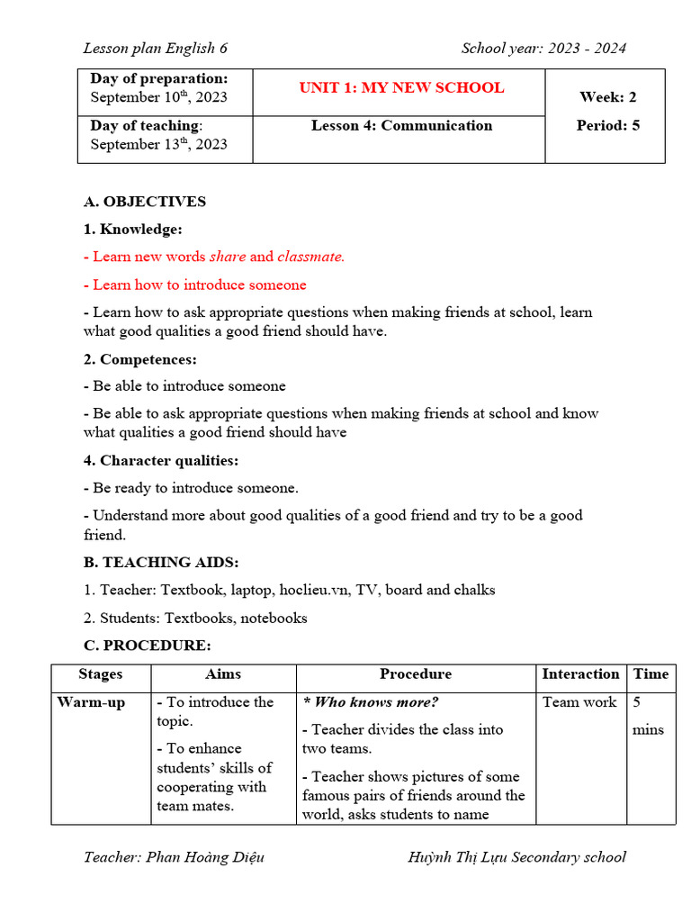 Period 5 Unit 1 Communication | PDF | Teachers | Lesson Plan
