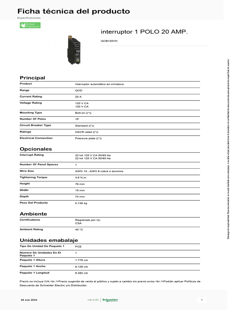 Interruttore Magnetotermico Square D QOB120VH - 20A, 1 Polo, 120/240V - Nuovo (Senza Scatola)